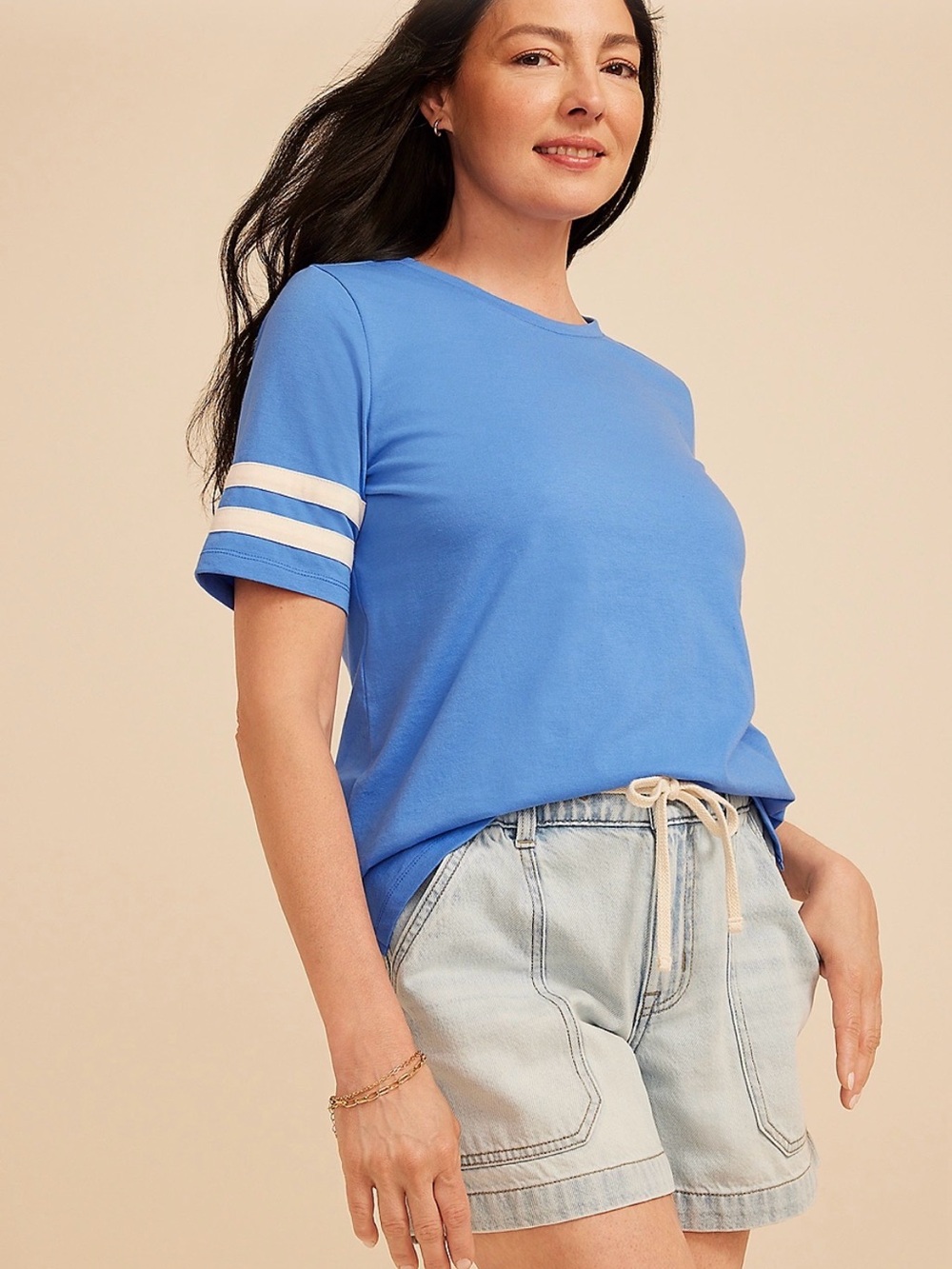 Maurices Blue Short Sleeve Tee with White Sleeve Stripes